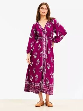 LOFT Floral Puff Sleeve Button Midi Dress in Plum Caspia